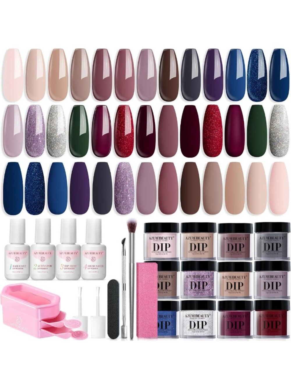 20 Color Dip Powder Nail Kit - Starter Set with Nude, Brown & Glitter Shades